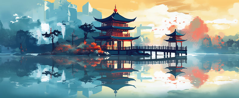国潮风山水建筑意境插画背景图,插画/手绘图,插画/手绘图库,插画/手绘图下载,插画/手绘